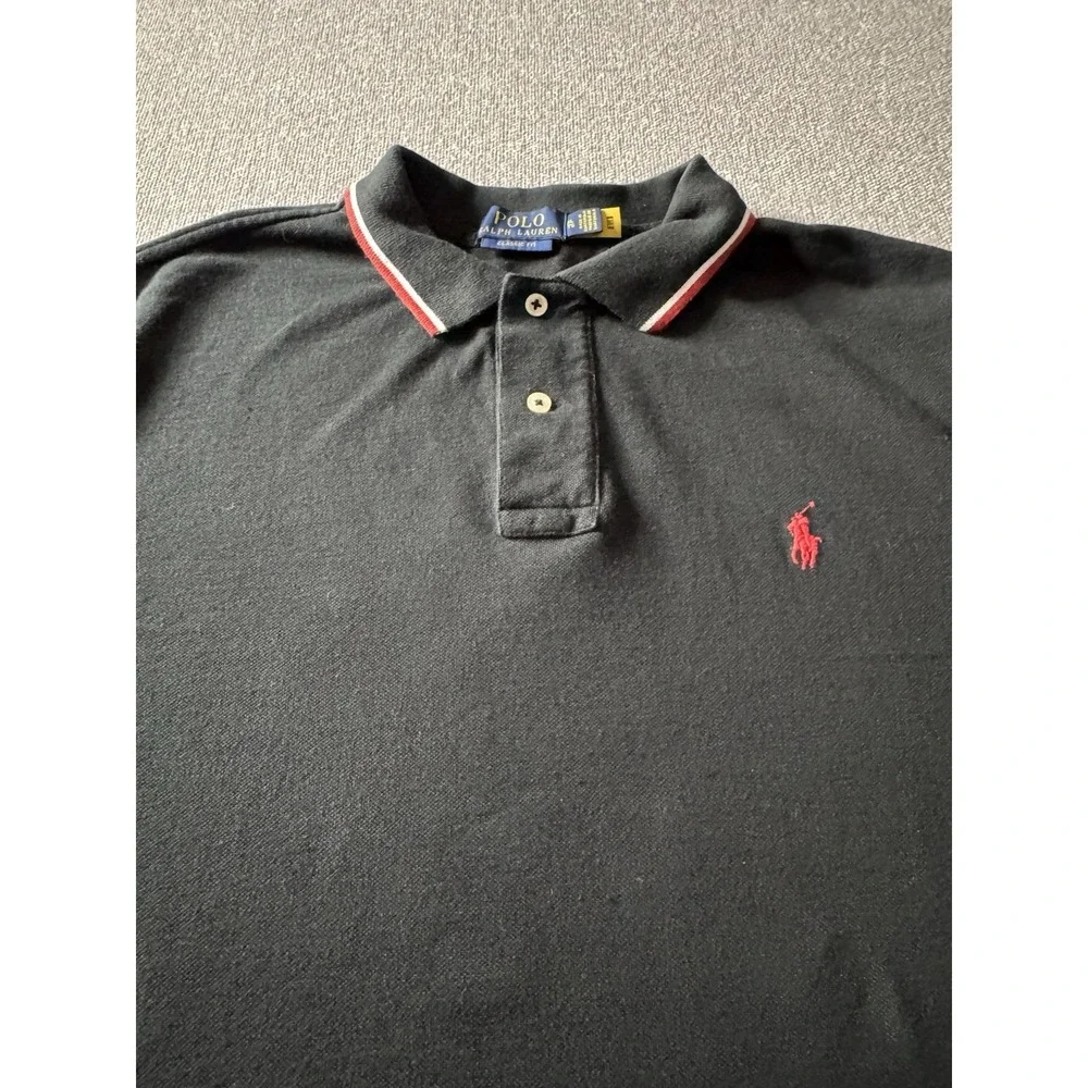 Polo Ralph Lauren Men's Black Polo Shirt With Red And White On Collar XL Classic